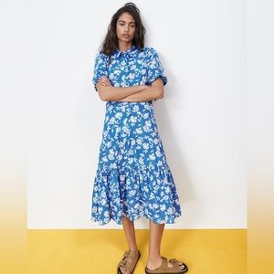 NWT - ZARA Blue & White Ruffle Floral Print Dress